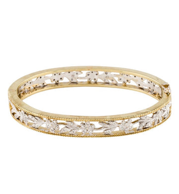 14k Two-Tone Diamond Floral Openwork Hinged Bangle Bracelet