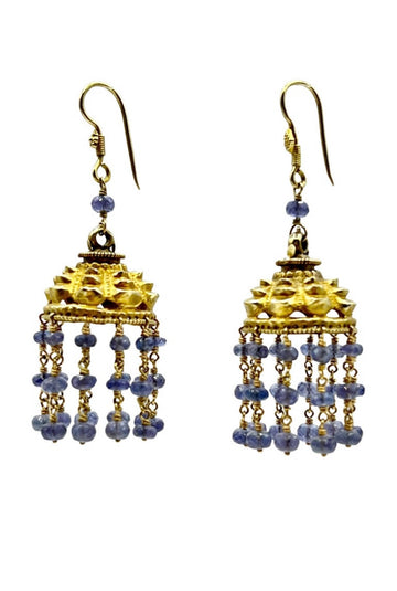 Tanzanite and 18k Gold Bird Cage Drop Earrings - Temple Bells