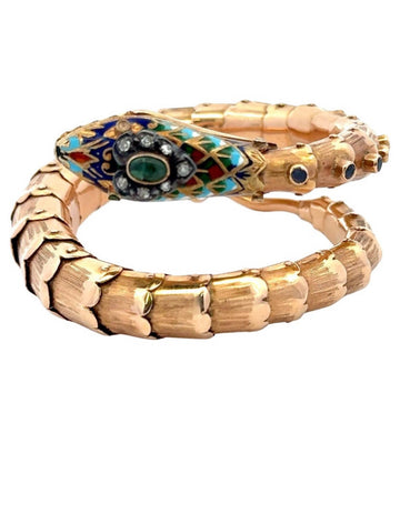 Antique Emerald Enamel Diamond Snake Wrap Bracelet 18K Yellow Gold